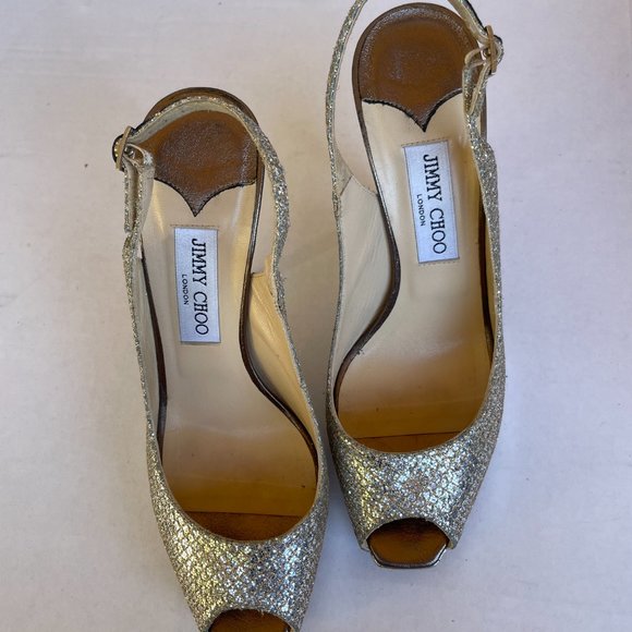 Jimmy Choo Clue Slingback Pumps Sz 39 Glitter Fabric Stiletto Heels Peep Toe - Picture 5 of 9